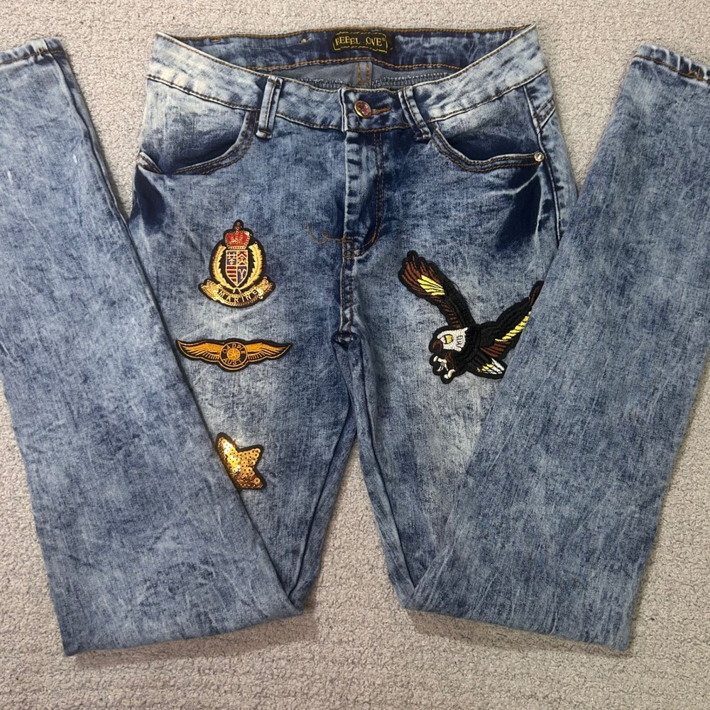 Rebel Love Skinny Jeans Acid Wash Patchwork Size 27 Blue Y2K Streetwear Rockstar